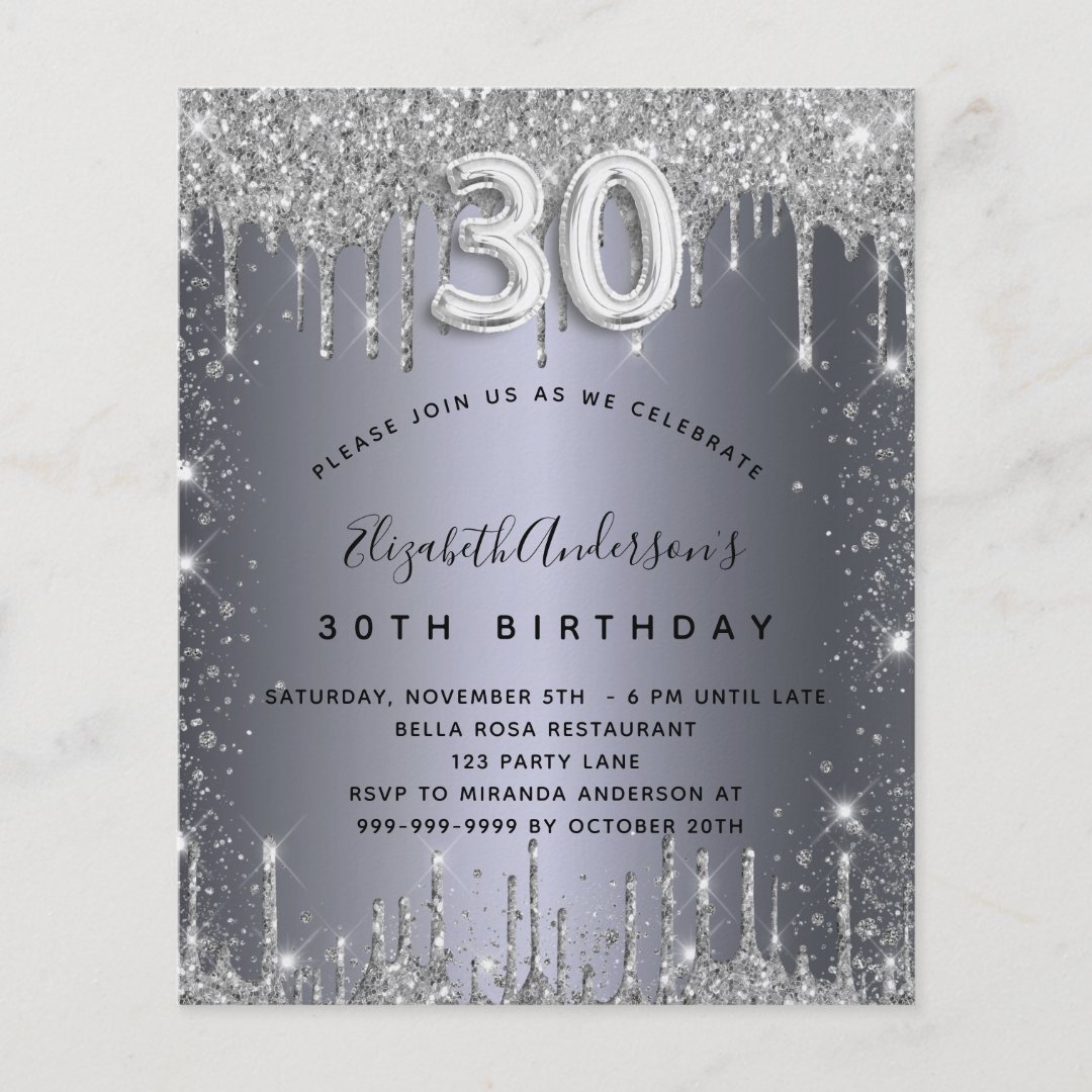 30th birthday silver glitter budget invitation flyer | Zazzle