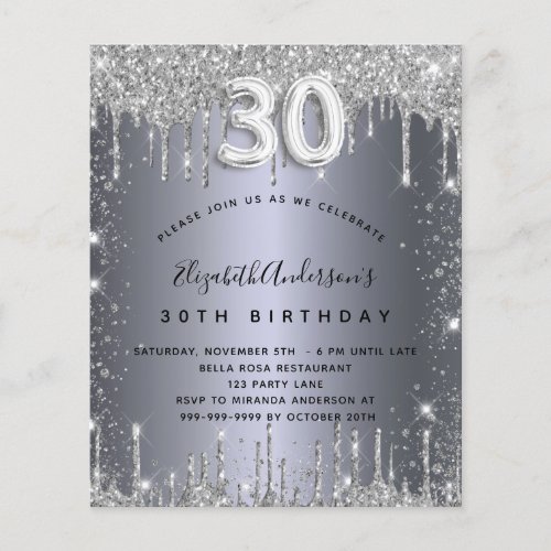 30th birthday silver glitter budget invitation  flyer