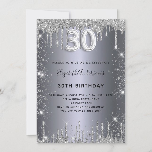 30th birthday silver glitter drips glam invitation (Front)
