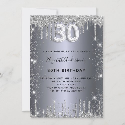 30th birthday silver glitter drips glam invitation