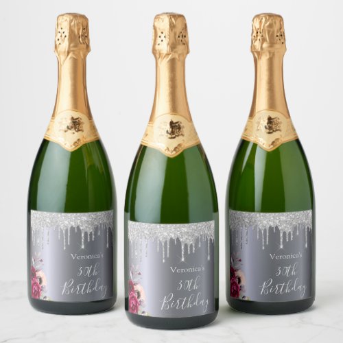 30th birthday silver glitter floral name sparkling wine label