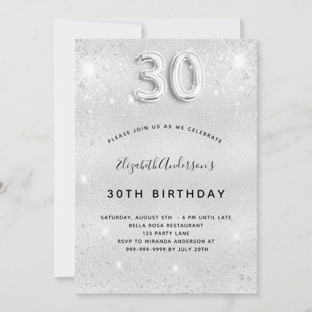 30th birthday silver glitter glamorous invitation (Front)