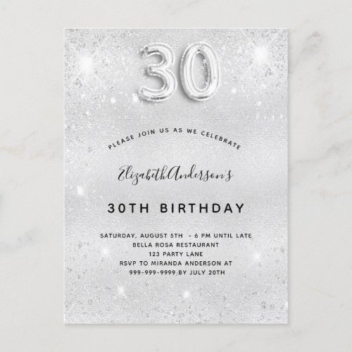 30th birthday silver glitter glamorous invitation postcard