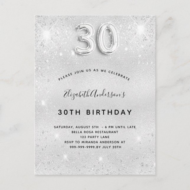 30th birthday silver glitter glamorous invitation postcard (Front)
