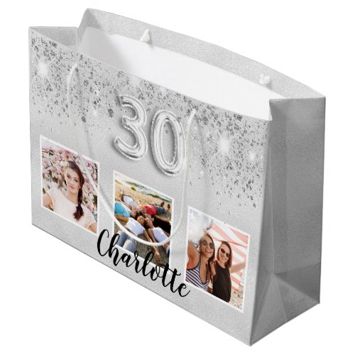 30th birthday silver glitter photo name large gift bag