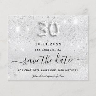 30th birthday silver glitter save the date card