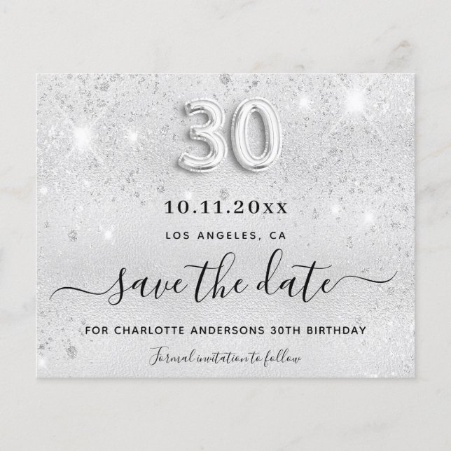 30th birthday silver glitter save the date card (Front)