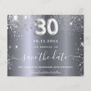 30th birthday silver glitter save the date card