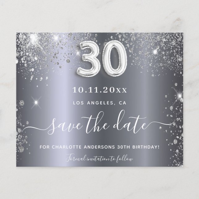 30th birthday silver glitter save the date card (Front)