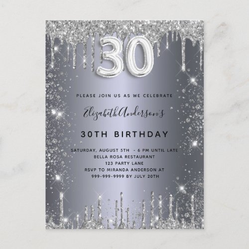 30th birthday silver metal glitter dust glam invitation postcard