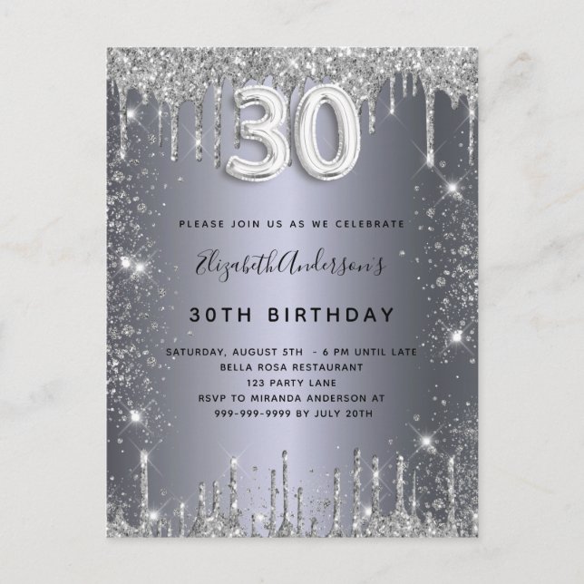 30th birthday silver metal glitter dust glam invitation postcard (Front)