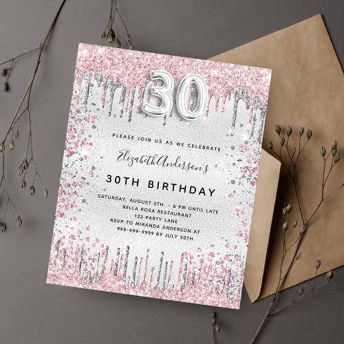 30th birthday silver pink glitter drips invitation postcard
