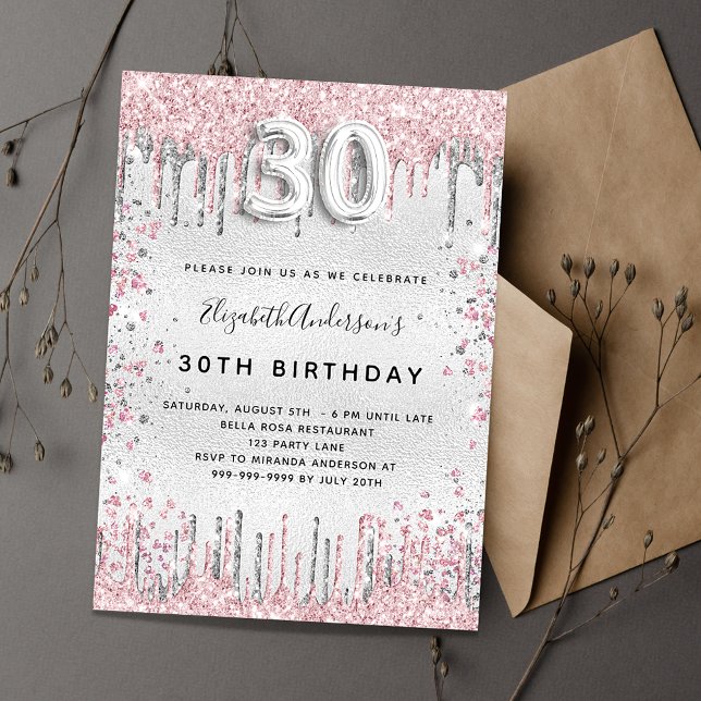 30th birthday silver pink invitation (Creator Uploaded)