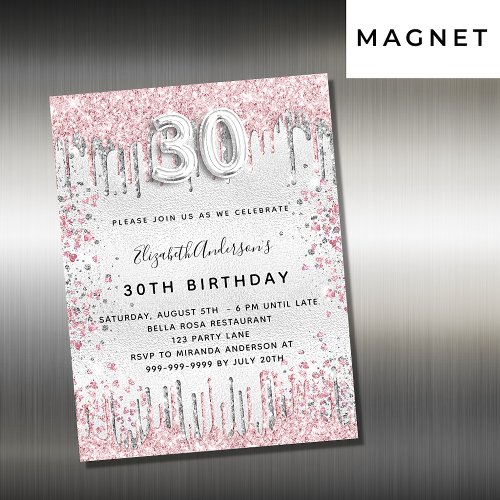 30th birthday silver pink invitation magnet