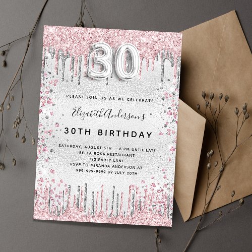 30th birthday silver pink metal glitter dust invitation