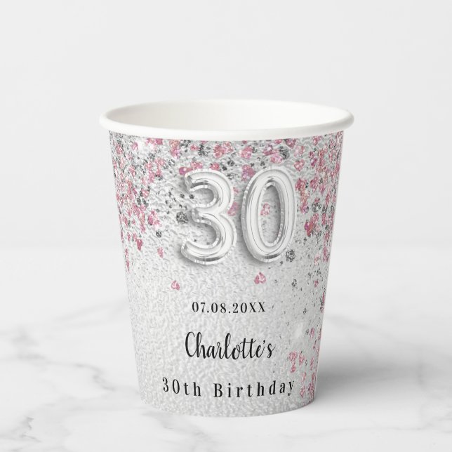 30th birthday silver pink name paper cups (Back)