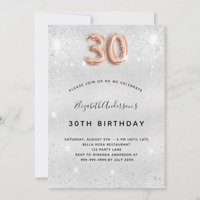 30th birthday silver rose gold glitter glamorous invitation (Front)