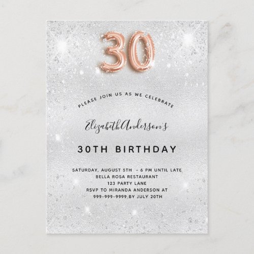 30th birthday silver rose gold glitter sparkles invitation postcard