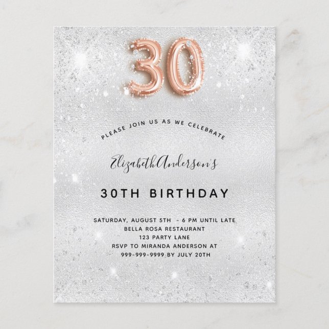 30th birthday silver rose gold invitation (Front)