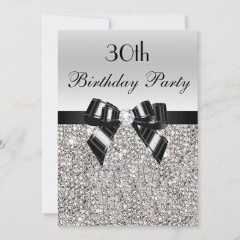 30th Birthday Silver Sequin Black Bow Diamond Invitation by AJ_Graphics at Zazzle