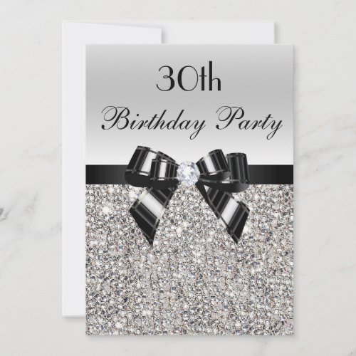 30th Birthday Silver Sequin Black Bow Diamond Invitation