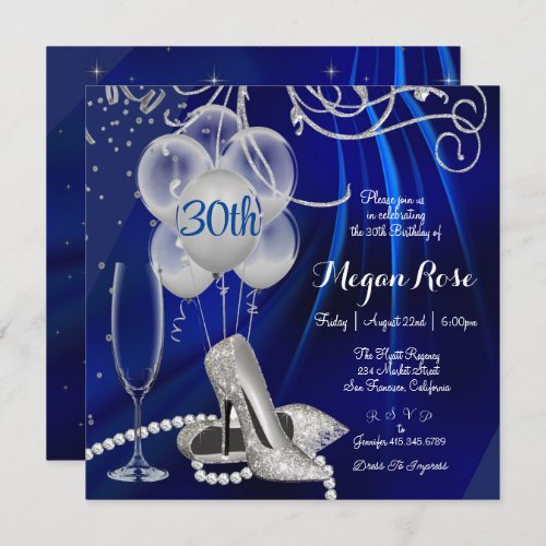 30th Birthday Silver Stilettos  Royal Blue  Invitation