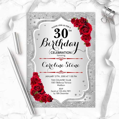 30th Birthday _ Silver Stripes Red Roses Invitation