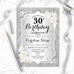 30th Birthday - Silver Stripes White Roses Invitation<br><div class="desc">30th Birthday Invitation. Elegant floral design in silver and white. Features faux glitter silver stripes,  white roses stylish script font and confetti. Perfect for a glam birthday party.</div>