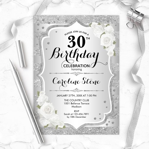 30th Birthday _ Silver Stripes White Roses Invitation