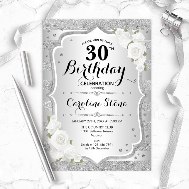 30th Birthday - Silver Stripes White Roses Invitation (Creator Uploaded)