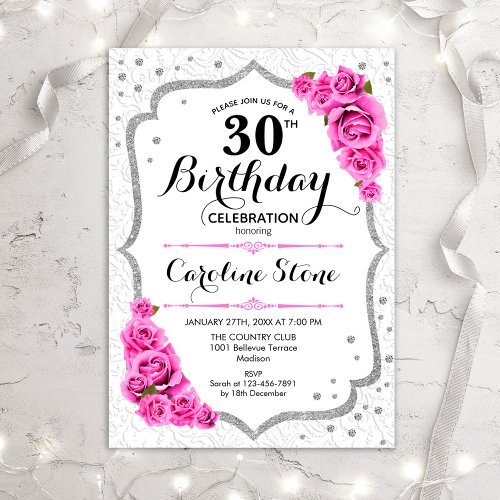 30th Birthday _ Silver White Pink Roses Invitation