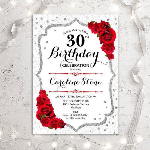 30th Birthday _ Silver White Red Roses Invitation
