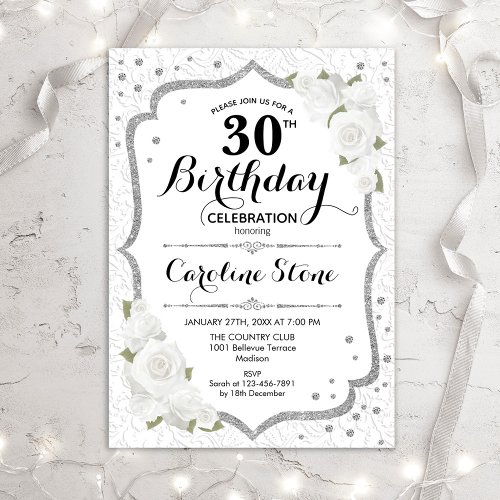 30th Birthday _ Silver White Roses Invitation