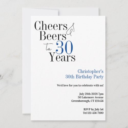 30th Birthday Simple Cheers Beers Party Invitation