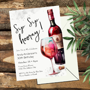 30th Birthday Sip Sip Hooray Wine Invitation