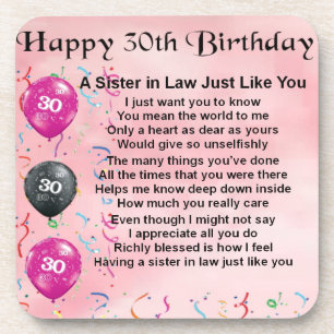 30th Birthday - Sister in Law Poem Drink Coaster