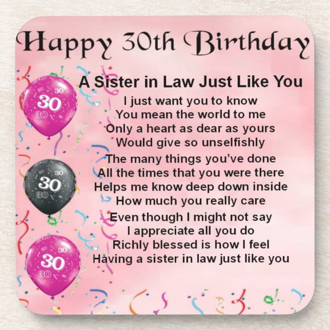 30th Birthday - Sister in Law Poem Drink Coaster (Front)