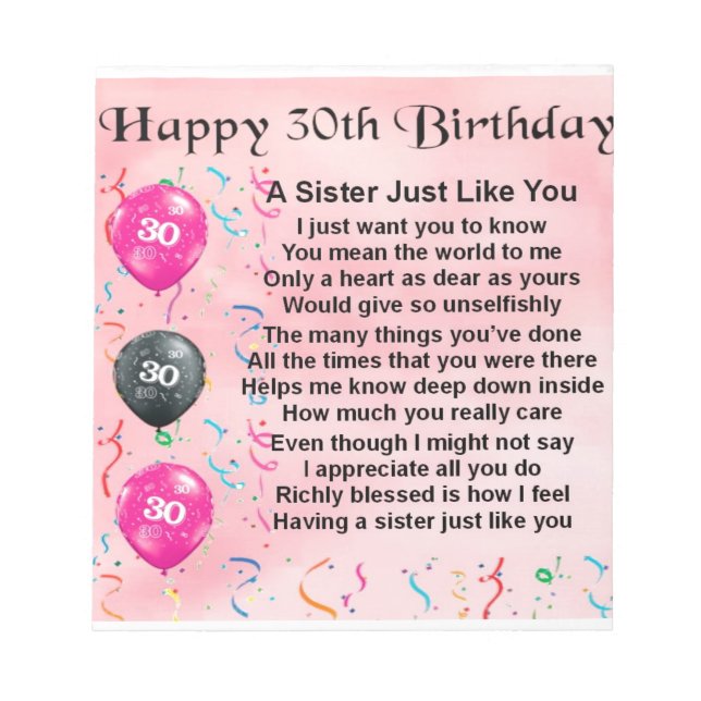 30th Birthday Sister Poem Notepad (Front)
