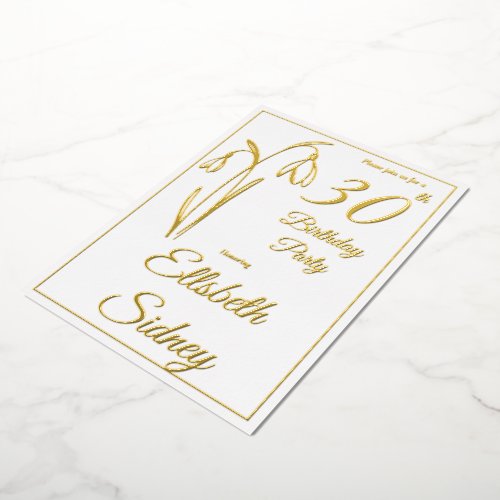 30th Birthday Snowdrop Floral Black And White Foil Invitation
