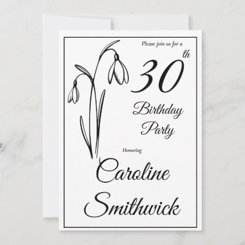 30th Birthday Snowdrop Floral Black And White Invitation