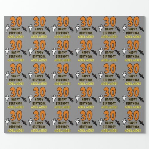 30th Birthday Spooky Halloween Theme Custom Name Wrapping Paper