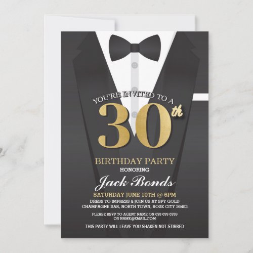 30th Birthday Spy Suit Black tie Gold Invitation