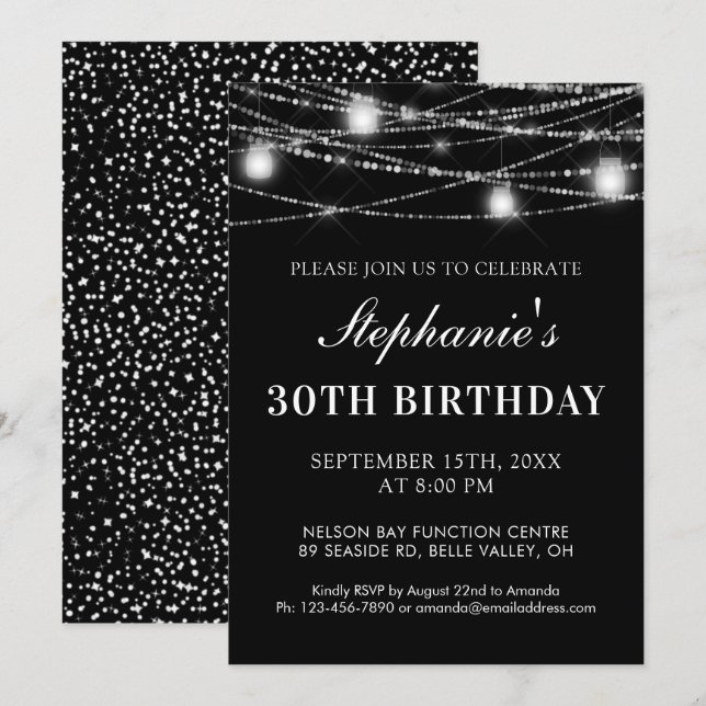 30th Birthday String Lights Jars Black White Invitation (Front/Back)