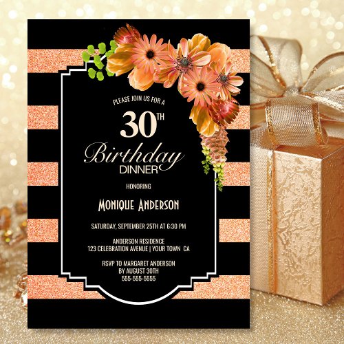 30th Birthday Striped Coral Floral Dinner Party Invitation