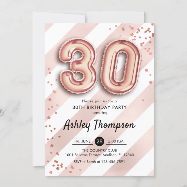 30th Birthday - Stripes Rose Gold Balloons Invitation | Zazzle