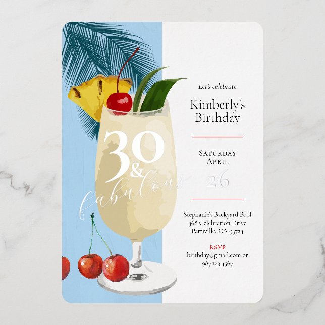 30th Birthday Summer Blue Cocktail Party  Foil Invitation (Front)