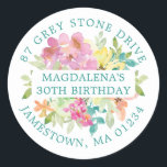 30th Birthday Summer Floral Return Address Label<br><div class="desc">Add a special touch to your birthday invitation envelopes with this elegant round design. It features a summer watercolor floral in the center. Blue eucalyptus leaves give it a rustic botanical vibe. The name and birthday is written across the center on a white strip, and the address is added in...</div>