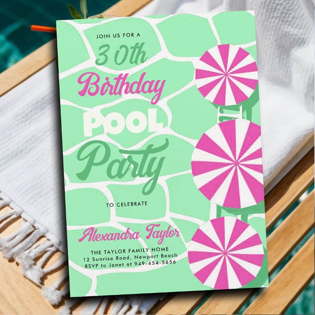 30th Birthday Summer Pool Party Hot Pink Aqua Chic Invitation (30th birthday party ideas for women pool umbrellas hot pink aqua personalized invitation summer fun)