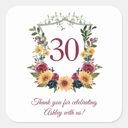 30th Birthday Sunflower Crest Thank You  Square Sticker