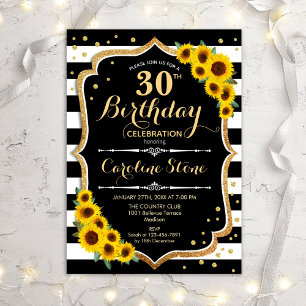 30th Birthday - Sunflowers Black White Stripes Invitation